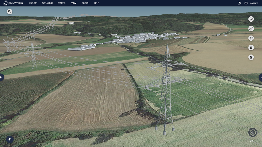 Overhead powerlines with pathfinder, 3d view